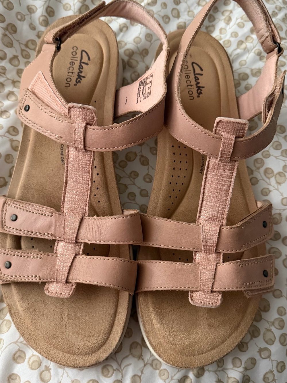 Clarks Pink Leather T-Strap Comfort Sandals